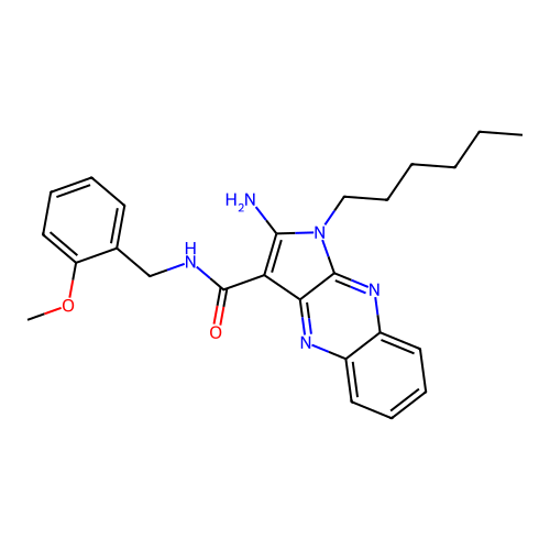 2-amino-1-hexyl-N-(2-methoxybenzyl)-1H-pyrrolo[2,3-b]quinoxaline-3-carboxamide structure
