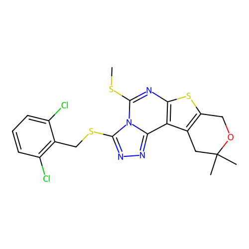 3-((2,6-dichlorobenzyl)thio)-10,10-dimethyl-5-(methylthio)-10,11-dihydro-8H-pyrano[4',3':4,5]thieno[3,2-e][1,2,4]triazolo[4,3-c]pyrimidine structure