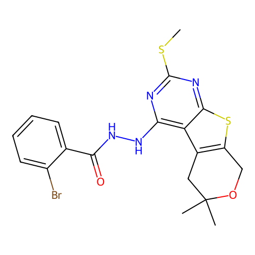 2-bromo-N'-(6,6-dimethyl-2-(methylthio)-6,8-dihydro-5H-pyrano[4',3':4,5]thieno[2,3-d]pyrimidin-4-yl)benzohydrazide structure