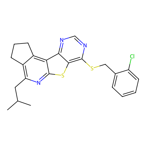 7-((2-chlorobenzyl)thio)-4-isobutyl-2,3-dihydro-1H-cyclopenta[4',5']pyrido[3',2':4,5]thieno[3,2-d]pyrimidine structure