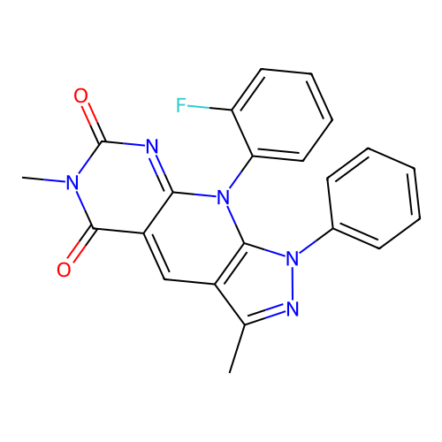 9-(2-Fluoro-phenyl)-3,6-dimethyl-1-phenyl-1,9-dihydro-1,2,6,8,9-pentaaza-cyclopenta[b]naphthalene-5, 7-dione structure