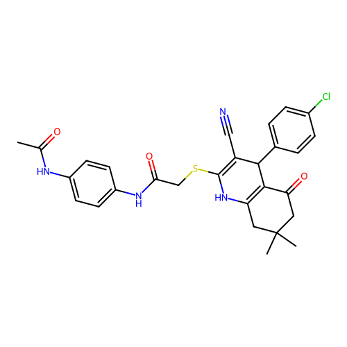 N-(4-acetamidophenyl)-2-((4-(4-chlorophenyl)-3-cyano-7,7-dimethyl-5-oxo-1,4,5,6,7,8-hexahydroquinolin-2-yl)thio)acetamide structure