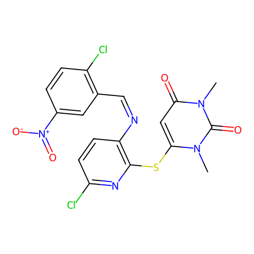 (E)-6-((6-chloro-3-((2-chloro-5-nitrobenzylidene)amino)pyridin-2-yl)thio)-1,3-dimethylpyrimidine-2,4(1H,3H)-dione structure
