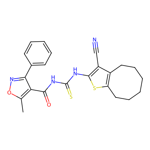 N-[(3-cyano-4,5,6,7,8,9-hexahydrocycloocta[b]thiophen-2-yl)carbamothioyl]-5-methyl-3-phenyl-1,2-oxazole-4-carboxamide structure