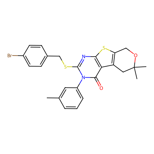 2-((4-bromobenzyl)thio)-6,6-dimethyl-3-(m-tolyl)-5,6-dihydro-3H-pyrano[4',3':4,5]thieno[2,3-d]pyrimidin-4(8H)-one structure