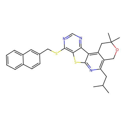 2,2-dimethyl-5-(2-methylpropyl)-8-[(naphthalen-2-ylmethyl)sulfanyl]-1,4-dihydro-2H-pyrano[4'',3'':4',5']pyrido[3',2':4,5]thieno[3,2-d]pyrimidine structure