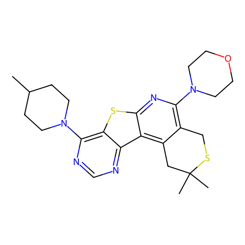 2,2-dimethyl-8-(4-methylpiperidin-1-yl)-5-(morpholin-4-yl)-1,4-dihydro-2H-thiopyrano[4'',3'':4',5']pyrido[3',2':4,5]thieno[3,2-d]pyrimidine structure