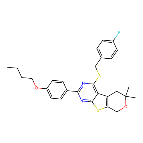 2-(4-butoxyphenyl)-4-((4-fluorobenzyl)thio)-6,6-dimethyl-6,8-dihydro-5H-pyrano[4',3':4,5]thieno[2,3-d]pyrimidine structure
