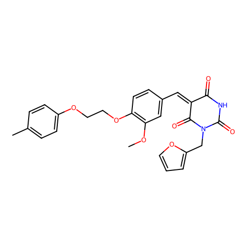 (5Z)-1-(furan-2-ylmethyl)-5-{3-methoxy-4-[2-(4-methylphenoxy)ethoxy]benzylidene}pyrimidine-2,4,6(1H,3H,5H)-trione structure