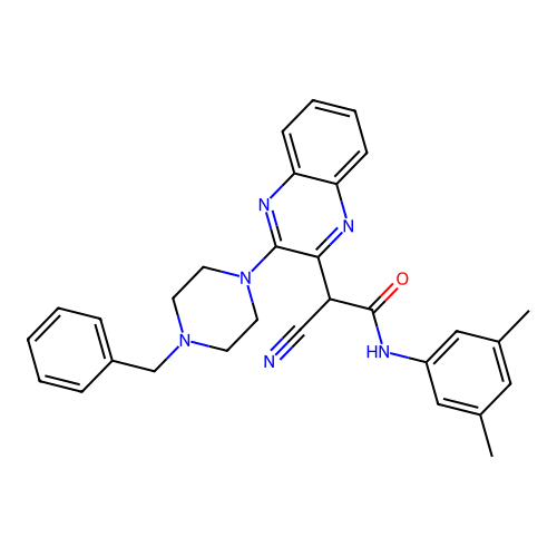 2-[3-(4-benzylpiperazin-1-yl)quinoxalin-2-yl]-2-cyano-N-(3,5-dimethylphenyl)acetamide structure
