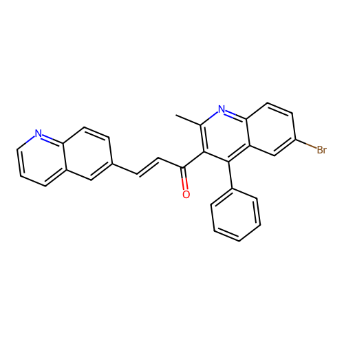(2E)-1-(6-bromo-2-methyl-4-phenylquinolin-3-yl)-3-(quinolin-6-yl)prop-2-en-1-one structure