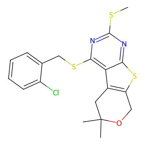 2-CHLOROBENZYL [6,6-DIMETHYL-2-(METHYLSULFANYL)-5,8-DIHYDRO-6H-PYRANO[4',3':4,5]THIENO[2,3-D]PYRIMIDIN-4-YL] SULFIDE structure
