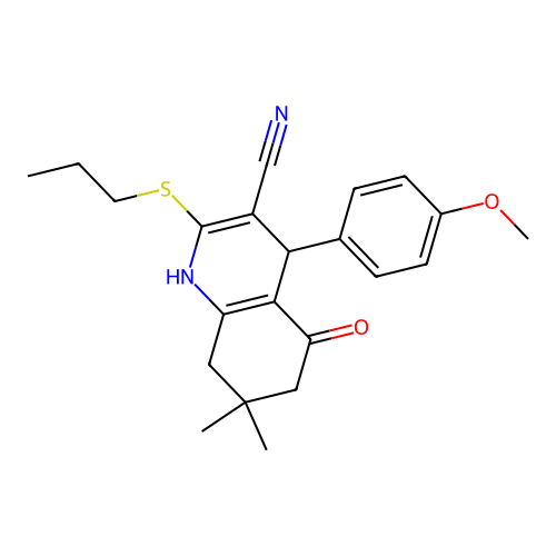 4-(4-methoxyphenyl)-7,7-dimethyl-5-oxo-2-(propylthio)-1,4,5,6,7,8-hexahydroquinoline-3-carbonitrile structure