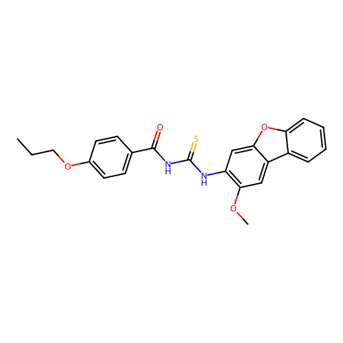 N-((2-methoxydibenzo[b,d]furan-3-yl)carbamothioyl)-4-propoxybenzamide structure