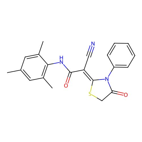 (2Z)-2-cyano-2-(4-oxo-3-phenyl-1,3-thiazolidin-2-ylidene)-N-(2,4,6-trimethylphenyl)ethanamide structure
