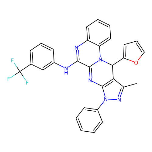 11-(furan-2-yl)-10-methyl-8-phenyl-N-(3-(trifluoromethyl)phenyl)-8,11-dihydropyrazolo[3',4':4,5]pyrimido[1,2-a]quinoxalin-6-amine structure