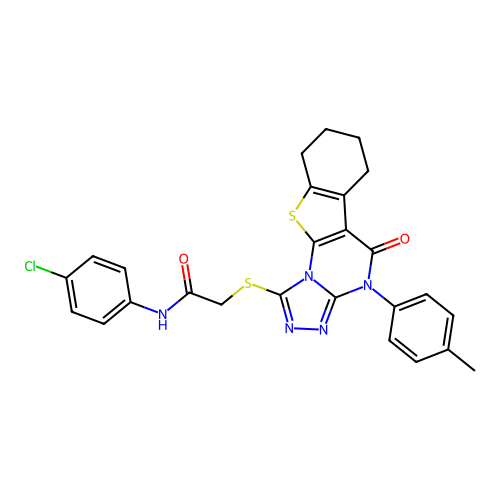 N-(4-chlorophenyl)-2-((5-oxo-4-(p-tolyl)-4,5,6,7,8,9-hexahydrobenzo[4,5]thieno[3,2-e][1,2,4]triazolo[4,3-a]pyrimidin-1-yl)thio)acetamide structure