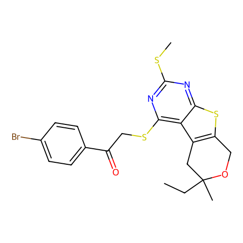 1-(4-bromophenyl)-2-((6-ethyl-6-methyl-2-(methylthio)-6,8-dihydro-5H-pyrano[4',3':4,5]thieno[2,3-d]pyrimidin-4-yl)thio)ethanone structure