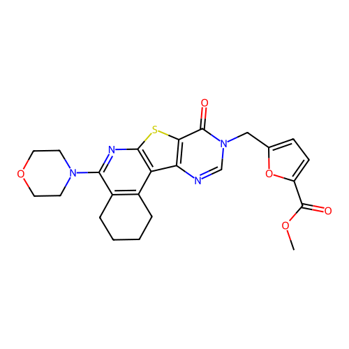 methyl 5-((5-morpholino-8-oxo-1,2,3,4-tetrahydropyrimido[4',5':4,5]thieno[2,3-c]isoquinolin-9(8H)-yl)methyl)furan-2-carboxylate structure