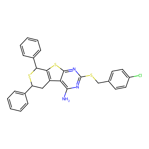 2-((4-chlorobenzyl)thio)-6,8-diphenyl-6,8-dihydro-5H-thiopyrano[4',3':4,5]thieno[2,3-d]pyrimidin-4-amine structure