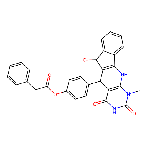 4-(1-methyl-2,4,6-trioxo-2,3,4,5,6,11-hexahydro-1H-indeno[2',1':5,6]pyrido[2,3-d]pyrimidin-5-yl)phenyl phenylacetate structure