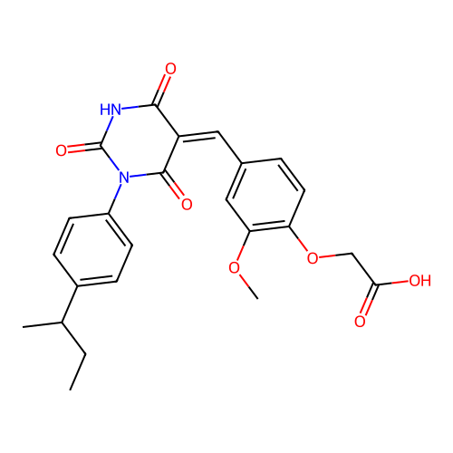 (Z)-2-(4-((1-(4-(sec-butyl)phenyl)-2,4,6-trioxotetrahydropyrimidin-5(2H)-ylidene)methyl)-2-methoxyphenoxy)acetic acid structure