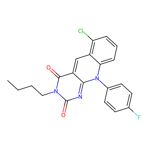 3-butyl-6-chloro-10-(4-fluorophenyl)pyrimido[4,5-b]quinoline-2,4(3H,10H)-dione structure