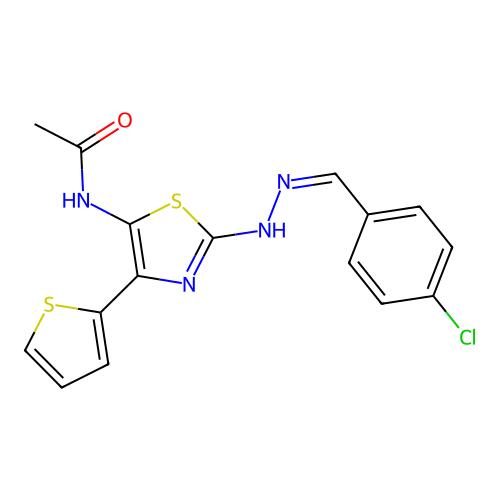 (Z)-N-(2-(2-(4-chlorobenzylidene)hydrazinyl)-4-(thiophen-2-yl)thiazol-5-yl)acetamide structure