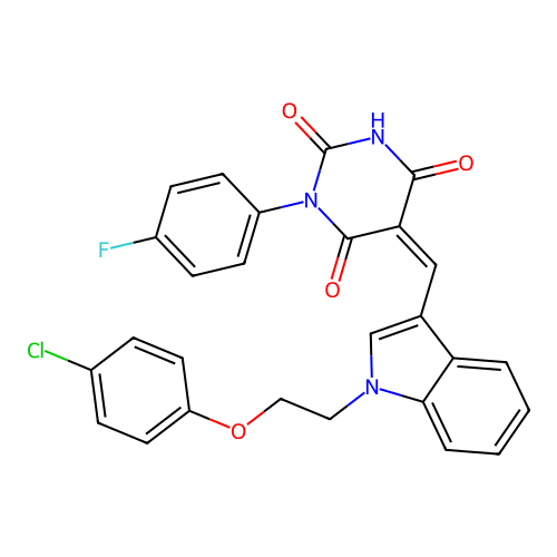 (5Z)-5-({1-[2-(4-chlorophenoxy)ethyl]-1H-indol-3-yl}methylidene)-1-(4-fluorophenyl)pyrimidine-2,4,6(1H,3H,5H)-trione structure