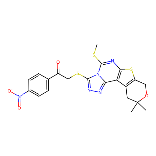 2-((10,10-dimethyl-5-(methylthio)-10,11-dihydro-8H-pyrano[4',3':4,5]thieno[3,2-e][1,2,4]triazolo[4,3-c]pyrimidin-3-yl)thio)-1-(4-nitrophenyl)ethanone structure