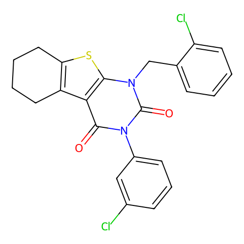 1-(2-chlorobenzyl)-3-(3-chlorophenyl)-5,6,7,8-tetrahydrobenzo[4,5]thieno[2,3-d]pyrimidine-2,4(1H,3H)-dione structure