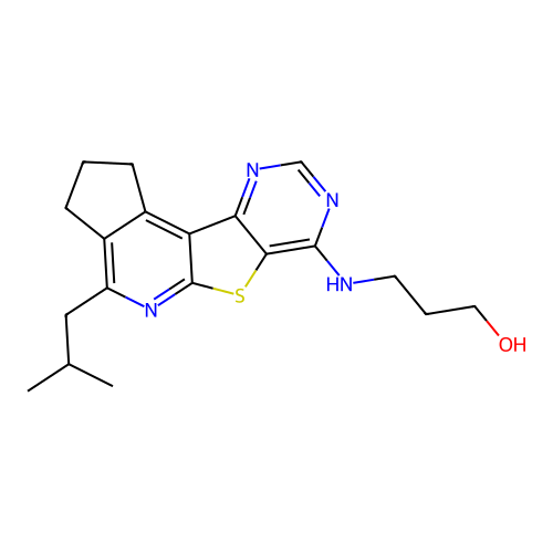 3-((4-isobutyl-2,3-dihydro-1H-cyclopenta[4',5']pyrido[3',2':4,5]thieno[3,2-d]pyrimidin-7-yl)amino)propan-1-ol structure