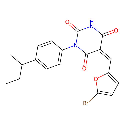 (5Z)-5-[(5-bromofuran-2-yl)methylidene]-1-(4-butan-2-ylphenyl)-1,3-diazinane-2,4,6-trione structure