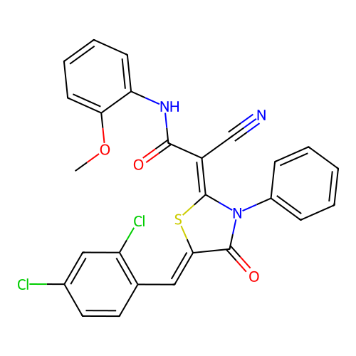 (Z)-2-cyano-2-((Z)-5-(2,4-dichlorobenzylidene)-4-oxo-3-phenylthiazolidin-2-ylidene)-N-(2-methoxyphenyl)acetamide structure