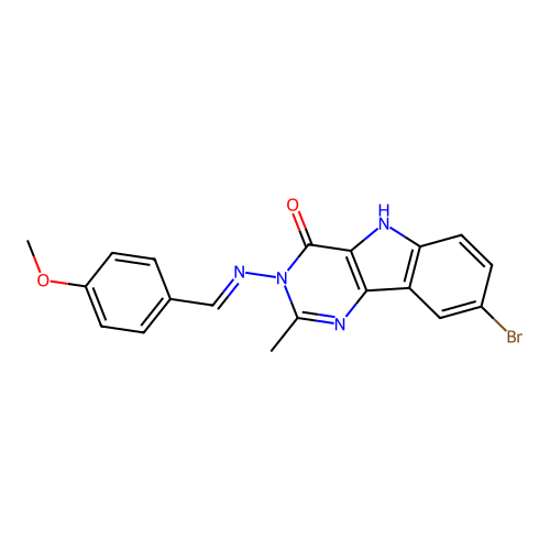 (E)-8-bromo-3-((4-methoxybenzylidene)amino)-2-methyl-3H-pyrimido[5,4-b]indol-4(5H)-one structure