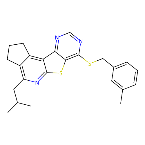 4-isobutyl-7-((3-methylbenzyl)thio)-2,3-dihydro-1H-cyclopenta[4',5']pyrido[3',2':4,5]thieno[3,2-d]pyrimidine structure