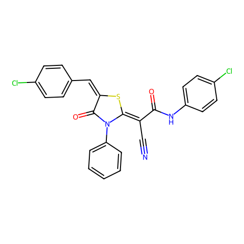 (2Z)-2-[(5E)-5-(4-chlorobenzylidene)-4-oxo-3-phenyl-1,3-thiazolidin-2-ylidene]-N-(4-chlorophenyl)-2-cyanoethanamide structure