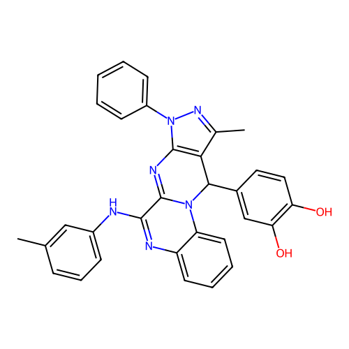 4-(10-methyl-8-phenyl-6-(m-tolylamino)-8,11-dihydropyrazolo[3',4':4,5]pyrimido[1,2-a]quinoxalin-11-yl)benzene-1,2-diol structure