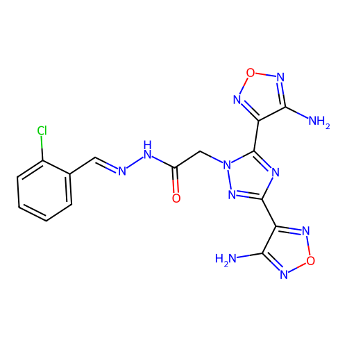 (E)-2-(3,5-bis(4-amino-1,2,5-oxadiazol-3-yl)-1H-1,2,4-triazol-1-yl)-N'-(2-chlorobenzylidene)acetohydrazide structure