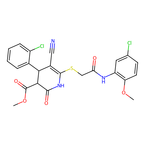methyl 6-((2-((5-chloro-2-methoxyphenyl)amino)-2-oxoethyl)thio)-4-(2-chlorophenyl)-5-cyano-2-oxo-1,2,3,4-tetrahydropyridine-3-carboxylate structure
