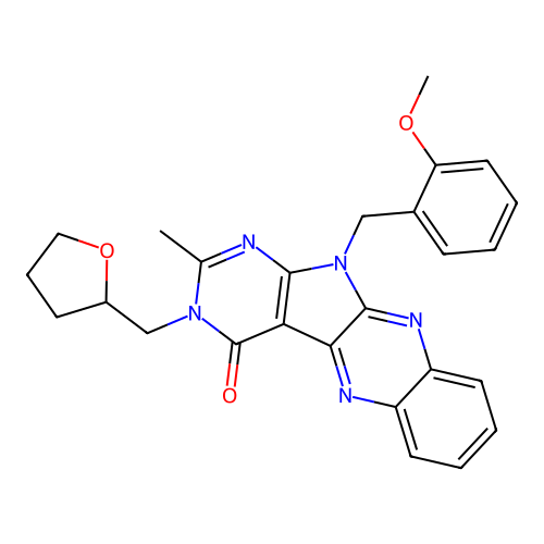 11-(2-methoxybenzyl)-2-methyl-3-((tetrahydrofuran-2-yl)methyl)-3H-pyrimido[5',4':4,5]pyrrolo[2,3-b]quinoxalin-4(11H)-one structure