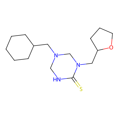 5-(Cyclohexylmethyl)-1-(tetrahydrofuran-2-ylmethyl)-1,3,5-triazinane-2-thione structure