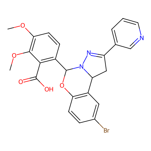 6-(9-bromo-2-(pyridin-3-yl)-5,10b-dihydro-1H-benzo[e]pyrazolo[1,5-c][1,3]oxazin-5-yl)-2,3-dimethoxybenzoic acid structure