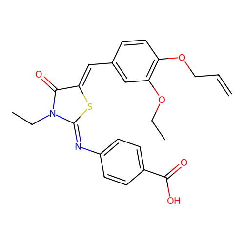 4-((E)-((Z)-5-(4-(allyloxy)-3-ethoxybenzylidene)-3-ethyl-4-oxothiazolidin-2-ylidene)amino)benzoic acid structure