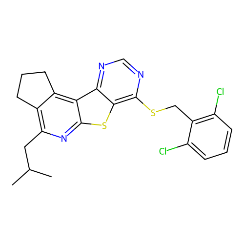 7-((2,6-dichlorobenzyl)thio)-4-isobutyl-2,3-dihydro-1H-cyclopenta[4',5']pyrido[3',2':4,5]thieno[3,2-d]pyrimidine structure