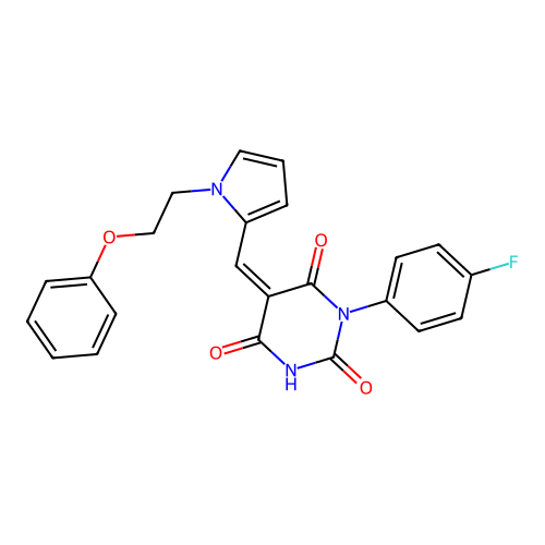 (5Z)-1-(4-fluorophenyl)-5-[[1-(2-phenoxyethyl)pyrrol-2-yl]methylidene]-1,3-diazinane-2,4,6-trione structure