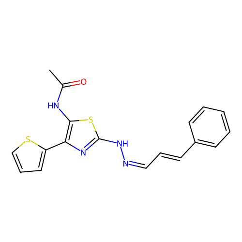 N-(2-((Z)-2-((E)-3-phenylallylidene)hydrazinyl)-4-(thiophen-2-yl)thiazol-5-yl)acetamide structure