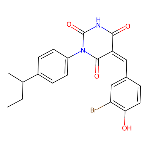 (5Z)-5-(3-bromo-4-hydroxybenzylidene)-1-[4-(butan-2-yl)phenyl]pyrimidine-2,4,6(1H,3H,5H)-trione structure