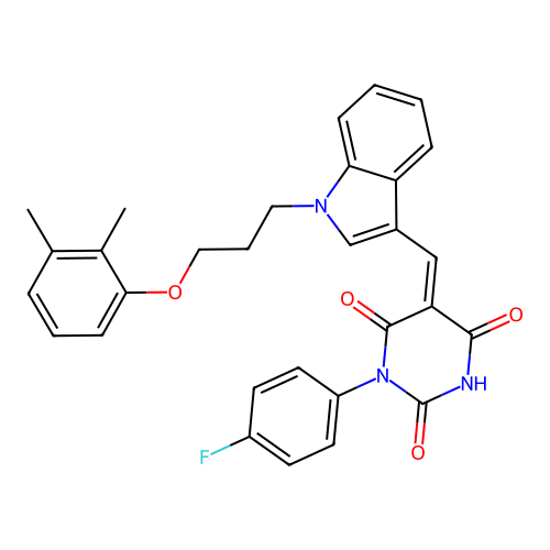 (5Z)-5-({1-[3-(2,3-dimethylphenoxy)propyl]-1H-indol-3-yl}methylidene)-1-(4-fluorophenyl)pyrimidine-2,4,6(1H,3H,5H)-trione structure