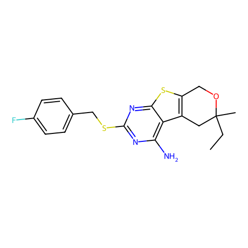 6-ethyl-2-[(4-fluorobenzyl)sulfanyl]-6-methyl-5,8-dihydro-6H-pyrano[4',3':4,5]thieno[2,3-d]pyrimidin-4-amine structure